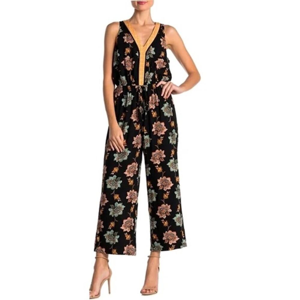 [Daniel Rainn] DR2 Black Floral Sleeveless V-Neck Wide Leg Jumpsuit Sz Medium M